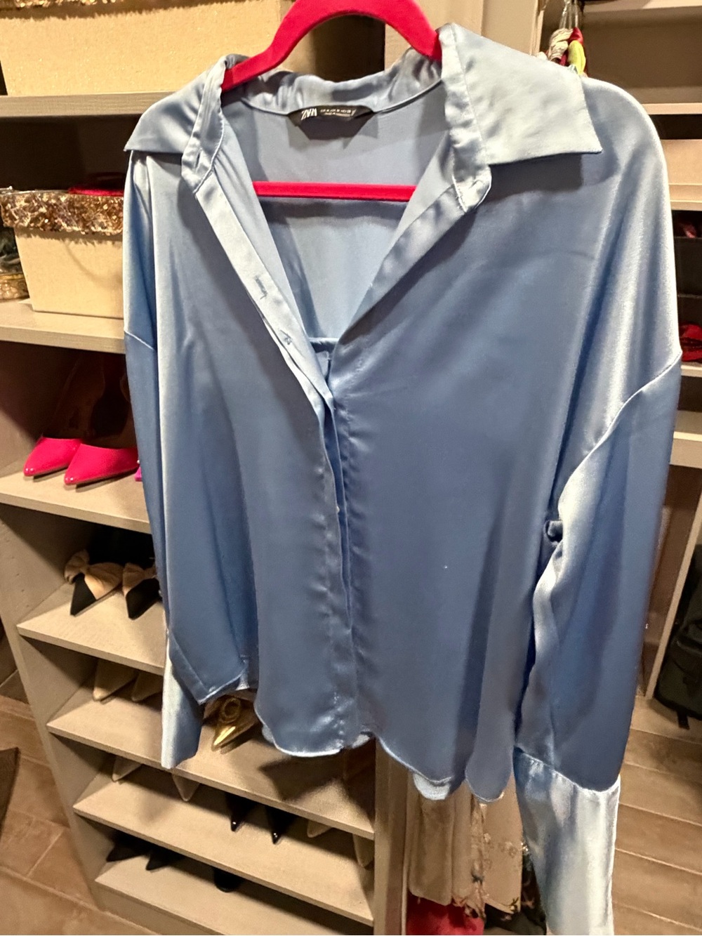 ZARA Pale Blue Satin Button-Down Shirt